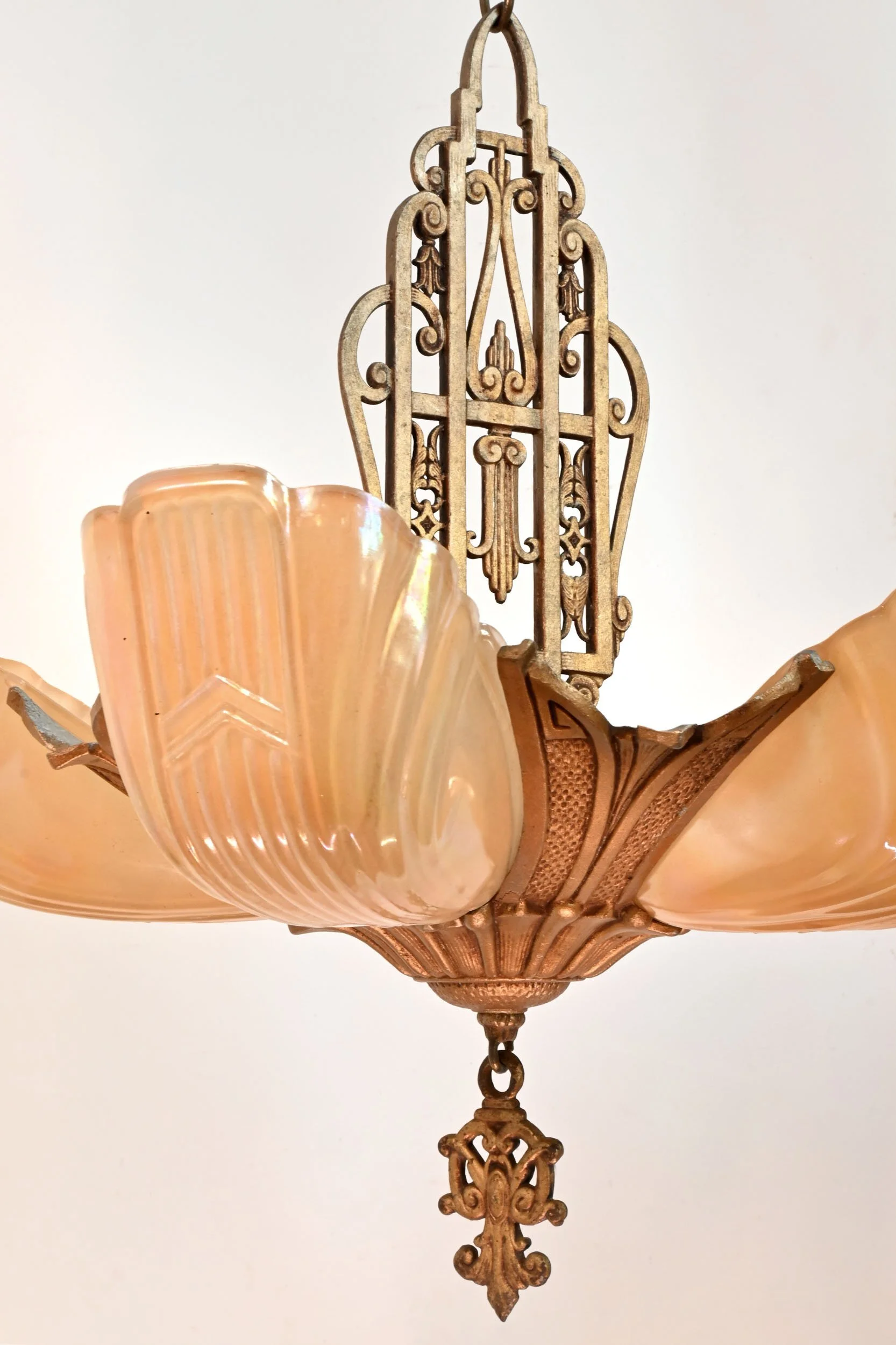 five slip shade gilt finish deco chandelier — Architectural Antiques five slip shade gilt finish deco chandelier — Architectural Antiques